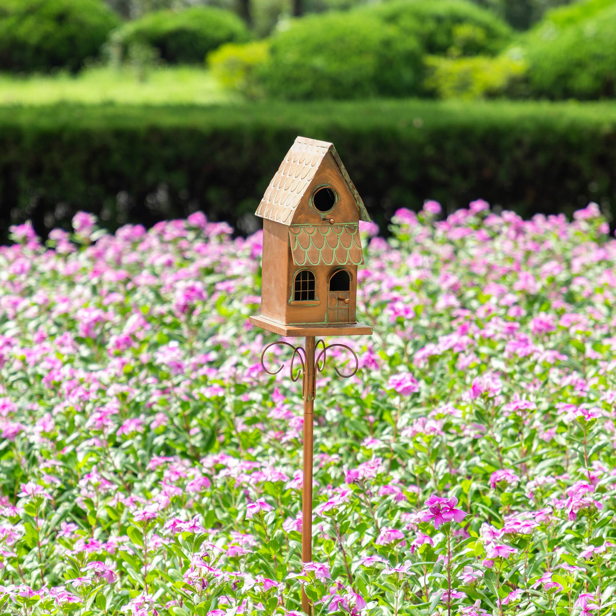 Glitzhome® 53" Farmhouse Faux Copper 2-Tiered Metal Garden Birdhouse with Stake
